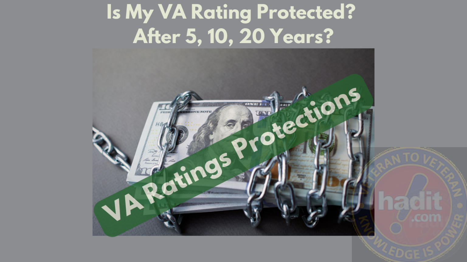 An image displaying a stack of US dollar bills locked with a chain and padlock. Overlaid text reads "Is My VA Rating Protected? After 5, 10, 20 Years? VA Ratings Protections" with a logo and the words "HadIt.com Veteran to Veteran Knowledge is Power" in the lower right corner.