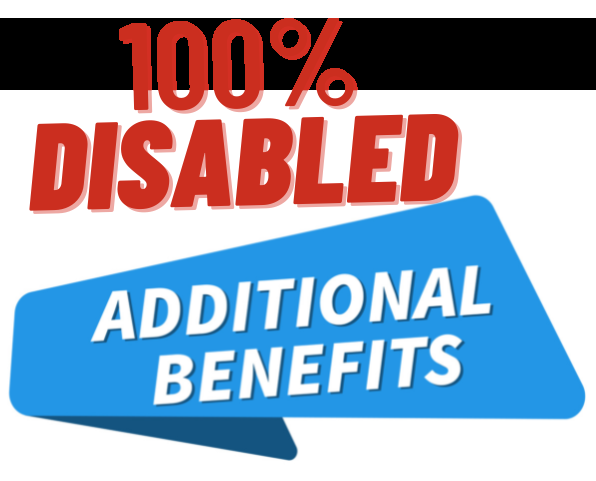 Graphic text stating "100% DISABLED" in bold red letters at the top and a blue speech bubble below it with the text "ADDITIONAL BENEFITS" in white letters.