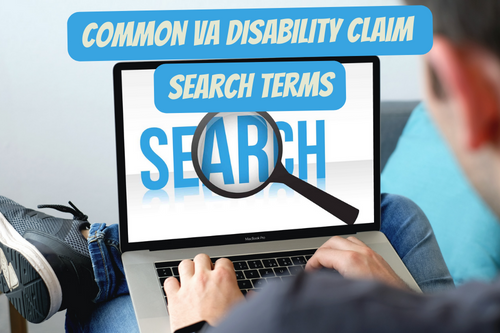 Over-the-shoulder view of a person using a MacBook with a display showing the words "COMMON VA DISABILITY CLAIM SEARCH TERMS SEARCH" with a magnifying glass graphic.