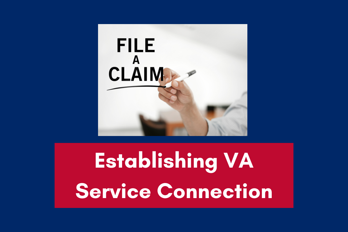 A person's hand holding a marker with text "FILE A CLAIM" written in the air, and below is a larger text box that reads "Establishing VA Service Connection" with a red and blue background.