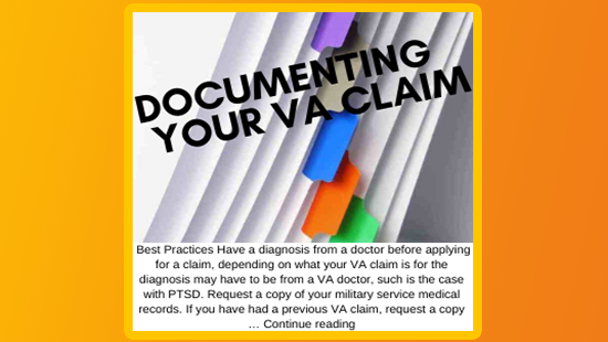 Alt text: A graphic with bold text reading "DOCUMENTING YOUR VA CLAIM" over a colorful background with a folded corner revealing text underneath that includes advice on best practices for documenting a VA claim, such as getting a diagnosis and obtaining military service medical records, ending with a "Continue reading" link.