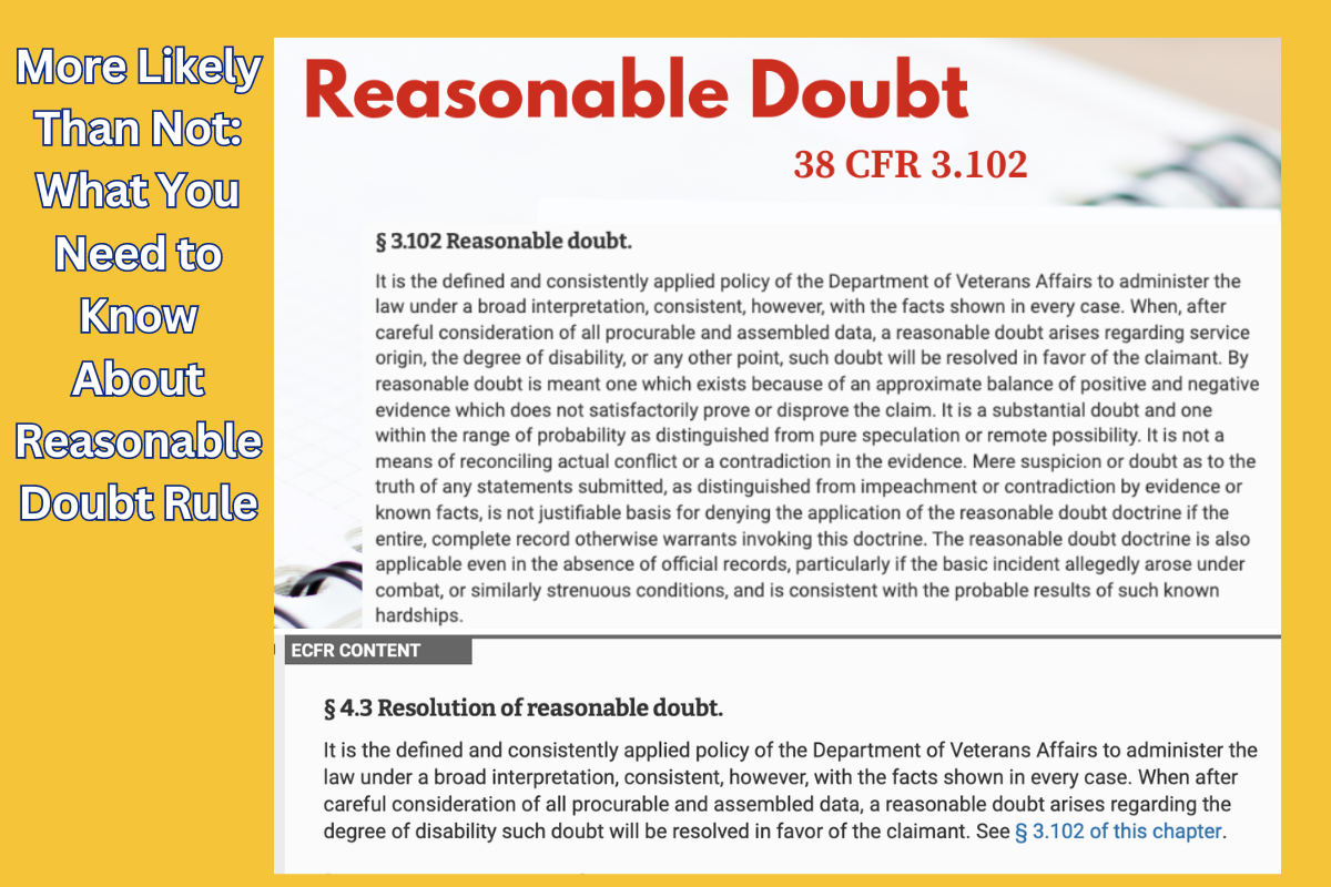 An image of a document with the heading "Reasonable Doubt 38 CFR 3.102" followed by the text of Section 3102 regarding the policy of the Department of Veterans Affairs on the rule of reasonable doubt, and then a highlighted box with "ECFR CONTENT" with a brief summary about the resolution of reasonable doubt. The left side of the image displays a yellow sidebar with the text "More Likely Than Not: What You Need to Know About Reasonable Doubt Rule."