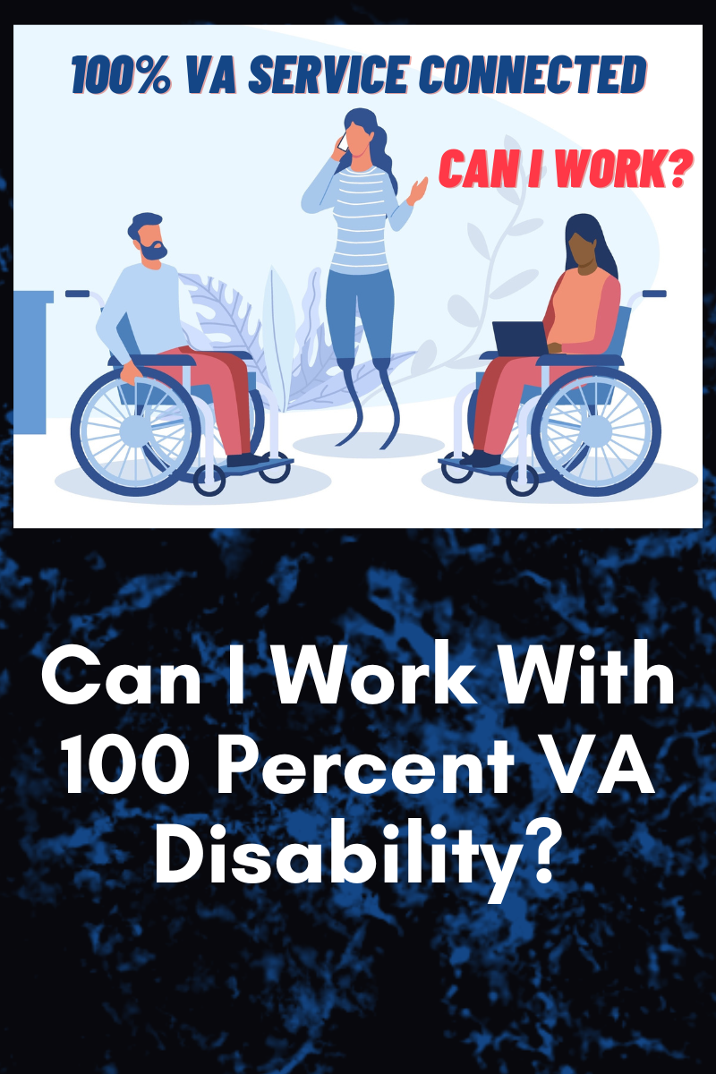 An infographic with the question "100% VA SERVICE CONNECTED CAN I WORK?" at the top, featuring illustrations of three people: one standing and talking on a phone, one sitting in a wheelchair working on a laptop, and another sitting in a wheelchair. Below is a large caption stating "Can I Work With 100 Percent VA Disability?". The background has a decorative plant element and a dark blue mottled pattern.