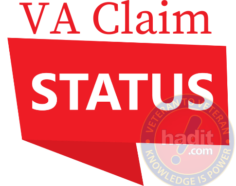 Red graphic with text "VA Claim STATUS" with a magnifying glass icon emphasizing "STATUS" and a logo with text "VETERAN hadit.com KNOWLEDGE IS POWER" in the bottom right corner.