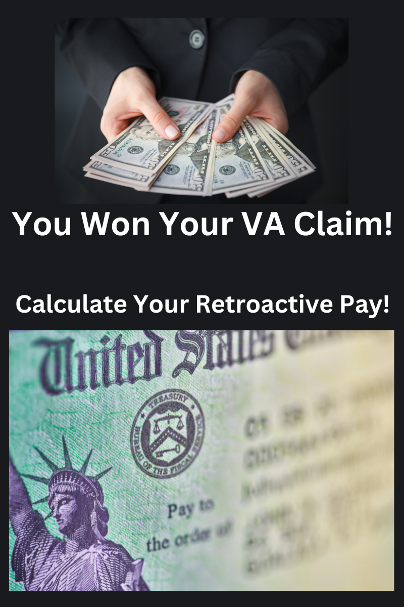 A person in a business suit showing a fan of US dollar bills with a text overlay that reads "You Won Your VA Claim! Calculate Your Retroactive Pay!" and an image of a United States Treasury check in the background.