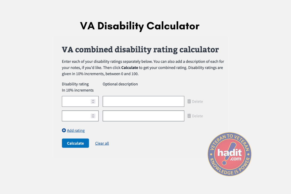 A screenshot of a VA Disability Calculator with fields for entering disability ratings in 10% increments and optional descriptions, a button to add more ratings, and a calculate button, with a logo for hadit.com at the bottom right corner.